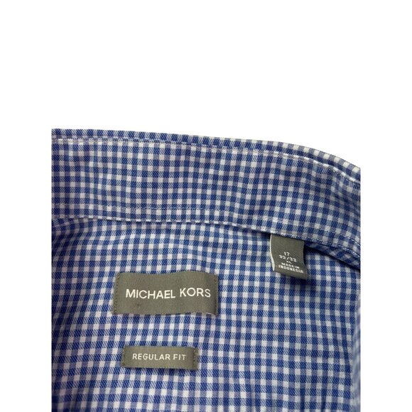 Michael Kors Mens Blue White Gingham Check Dress Shirt Regular Fit 17 32/33 XL - Picture 3 of 4